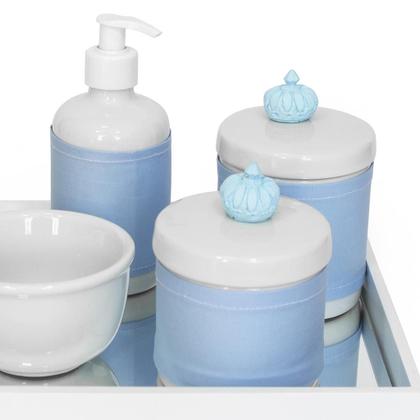 Imagem de Kit Higiene Espelho Potes, Molhadeira, Porta Álcool-Gel e Capa Coroa Azul Quarto Bebê Menino