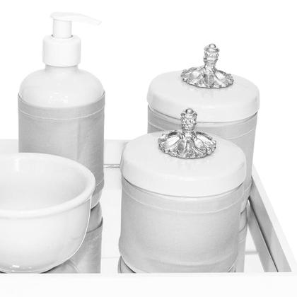 Imagem de Kit Higiene Espelho Potes, Molhadeira, Porta Álcool-Gel e Capa Provençal Prata Quarto Bebê Unissex