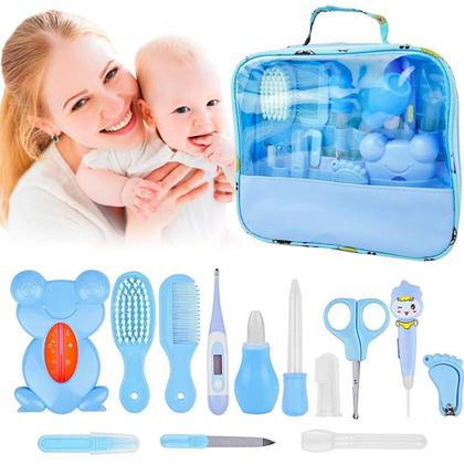 Imagem de Kit Higiene Infantil Azul Bolsa Aspirador Nasal Tesoura