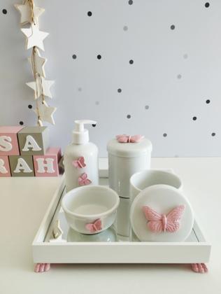 Imagem de Kit Higiene Porcelana Bebê Banho Cuidado Quarto Menina K014 Borboleta