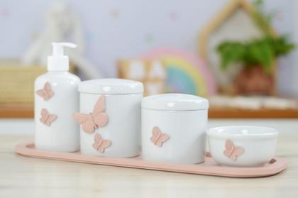 Imagem de Kit Higiene Porcelana Borboleta Rosê Menina Bebê Maternidade Banho Cuidados K110