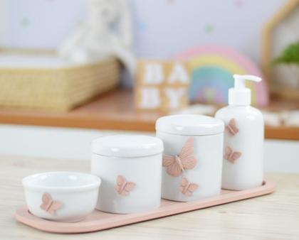 Imagem de Kit Higiene Porcelana Borboleta Rosê Menina Bebê Maternidade Banho Cuidados K110