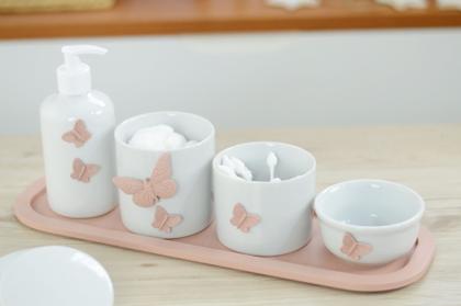 Imagem de Kit Higiene Porcelana Borboleta Rosê Menina Bebê Maternidade Banho Cuidados K110