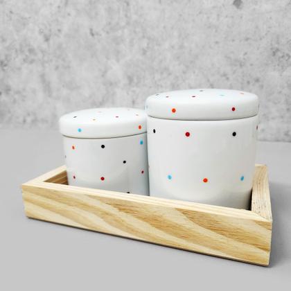 Imagem de Kit Higiene Porcelana com Bandeja Retangular Pequena Branco Poá Color