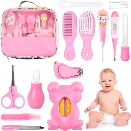 Imagem de Kit Higiene Rosa Infantil Tesoura Escova De Dedo Bolsa