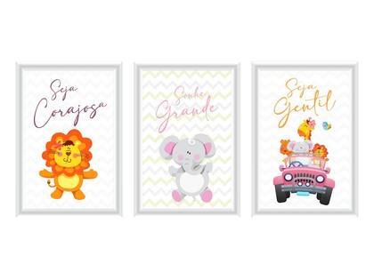 Imagem de Kit Higiene Safari Menina Com Trio De Quadros Decoração Rosa