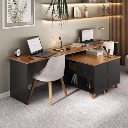 Imagem de Kit Home Office e Escritório Completo para 2 Pessoas - 2 Peças - Escrivaninha Gold Retrô Preto/Freijó Artany