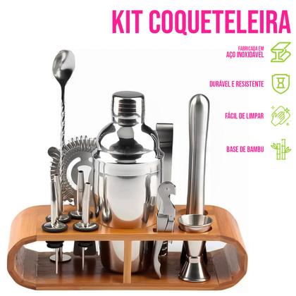 Imagem de Kit Homebar 12 Peças Inox Suporte Madeira Coqueteleira 500ml