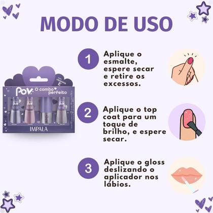 Imagem de Kit Impala Pov Luara: 2 Esmaltes, 1 Top Coat e 1 Gloss Labial