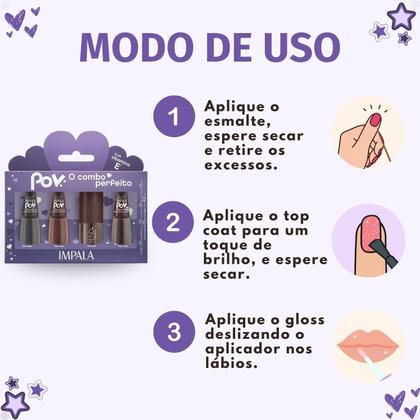 Imagem de Kit Impala Pov Marcella: 2 Esmaltes, 1 Top Coat e 1 Gloss Labial