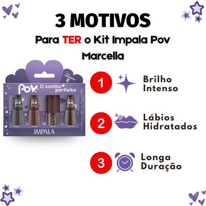 Imagem de Kit Impala Pov Marcella: 2 Esmaltes, 1 Top Coat e 1 Gloss Labial