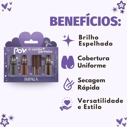 Imagem de Kit Impala Pov Marcella: 2 Esmaltes, 1 Top Coat e 1 Gloss Labial