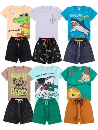 Imagem de Kit Infantil 4 Peças De Roupas bebê Menino Infantil 2 Conjuntos de verão 2 Camisetas 2 bermudas shorts bebê