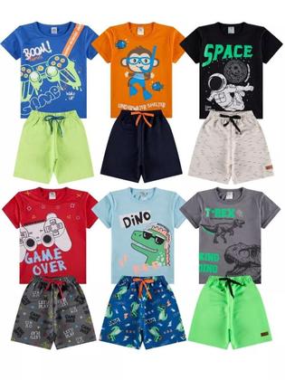 Imagem de Kit Infantil 4 Peças De Roupas Menino Infantil 4 Conjuntos de verão 2 Camisetas 2 bermudas shorts Masculino