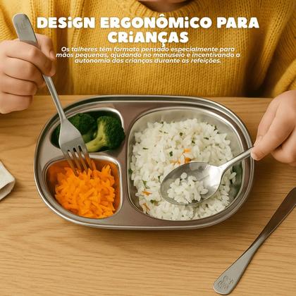 Imagem de Kit Infantil Bebe Conjunto Refeição Introdução Alimentar Inox 4 pecas Inox Prato Talheres Faca Garfo e Colher Tippi