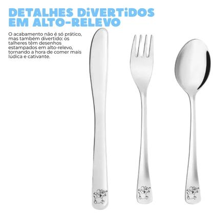 Imagem de Kit Infantil Bebe Conjunto Refeição Introdução Alimentar Inox 4 pecas Inox Prato Talheres Faca Garfo e Colher Tippi