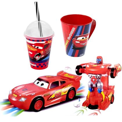 Imagem de Kit Infantil Carrinho Robô + Xícara e Copo Carros Relâmpago Mcqueen