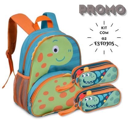 Imagem de Kit Infantil Dinossauros Mochila Costas com Dois Estojos Escolares