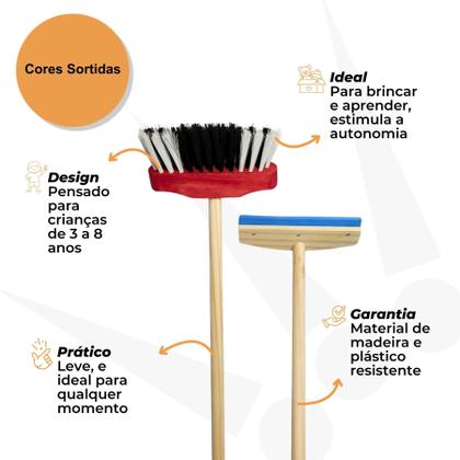 Imagem de Kit Infantil Limpeza Vassoura Rodo Madeira Educativo Presente Natal Crianças