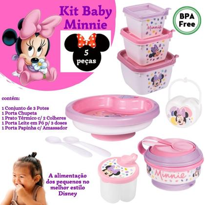 Imagem de Kit infantil pote papinha com amassador, prato térmico, porta leite em pó, cj 3 potes e porta chupetas Minnie Plasutil