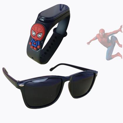 Imagem de Kit infantil Relógio Infantil com óculos de Sol para crianças Preto Homem aranha