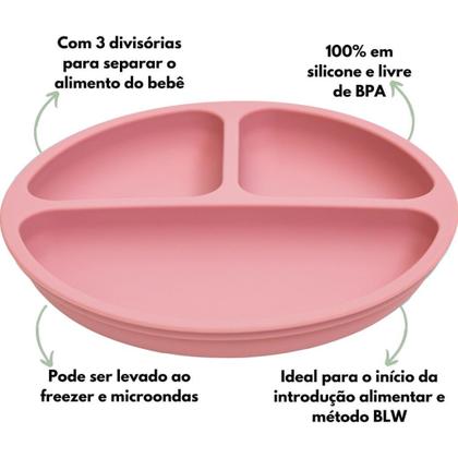 Imagem de Kit Introdução Alimentar Blw Prato Bowl Talheres Babador Em Silicone Rosa Buba