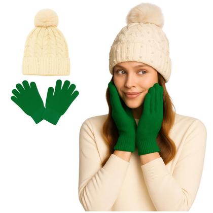 Imagem de Kit Inverno Feminino Touca Térmica e Luvas Touchscreen - Estilo, Conforto e Funcionalidade