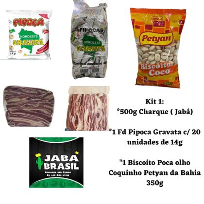Kit Jabá Brasil - Charque Jabá - Pipoca Gravatá - Biscoito Poca olho Coquinho Petyan da Bahia 350g Imagem de Kit Jabá Brasil - Charque Jabá - Pipoca Gravatá - Biscoito Poca olho Coquinho Petyan da Bahia 350g