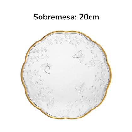 Imagem de Kit Jantar Pratos Raso 27cm Sobremesa 20cm e Tigela 12cm Cristal Transparente Fio De Ouro