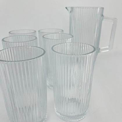 Imagem de Kit Jarra 1200ml Com 6 Copos 400ml Vidro Canelado Mesa Posta