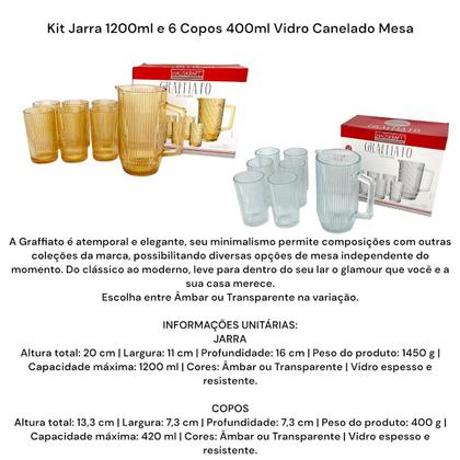Imagem de Kit Jarra 1200ml Com 6 Copos 400ml Vidro Canelado Mesa Posta