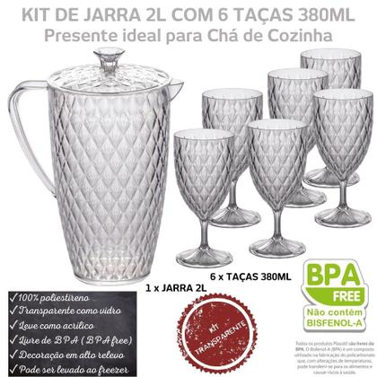 Imagem de Kit jarra 2 litros e 6 taças para água 380ml de plástico Cristal incolor Plasutil