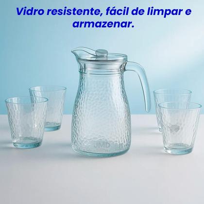 Imagem de Kit Jarra + 4 Copos Vidro Resistentes Mesa Posta Transparente Texturizado