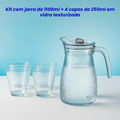 Imagem de Kit Jarra + 4 Copos Vidro Resistentes Mesa Posta Transparente Texturizado