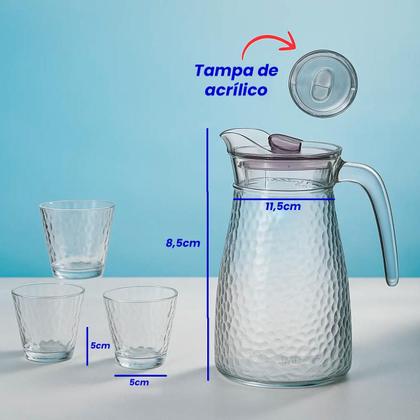 Imagem de Kit Jarra + 4 Copos Vidro Resistentes Mesa Posta Transparente Texturizado