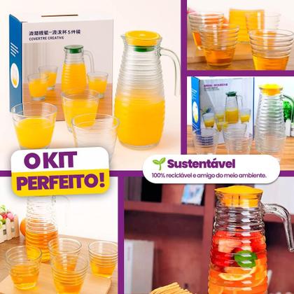 Imagem de Kit Jarra com tampa 900ml com 4 Copos 250ml  Conjunto para Suco, Água ou Drinks