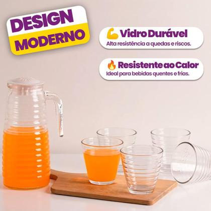 Imagem de Kit Jarra com tampa 900ml com 4 Copos 250ml  Conjunto para Suco, Água ou Drinks