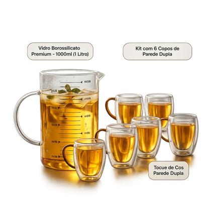 Imagem de Kit Jarra de Vidro Borossilicato 1L + Xícaras Copos Parede Dupla 350ml
