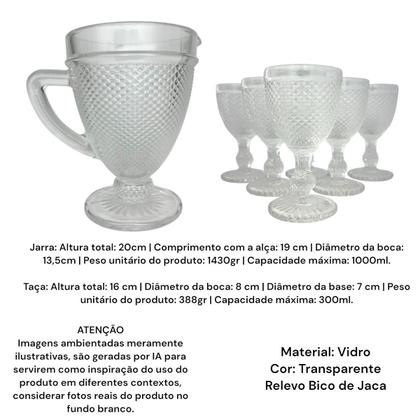 Imagem de Kit Jarra e 6 Taças Vidro Transparente Bico de Jaca Mesa