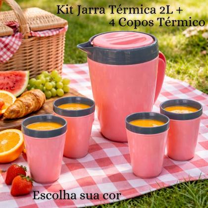 Imagem de Kit Jarra Térmica 2L Caribe 4 Copos Térmicos 350ML Munique Unitermi Bebida Água Suco