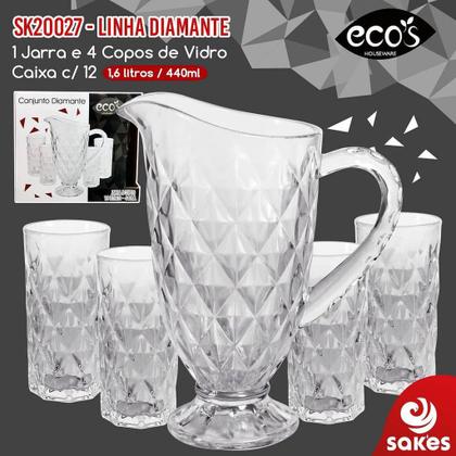 Imagem de Kit jarra vidro 1.6l + 4pcs copo 440ml diamante sk20027 eco's