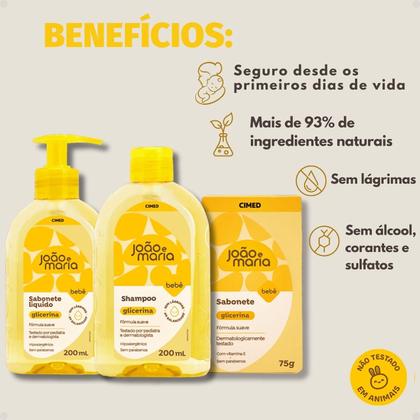 Imagem de Kit João E Maria Cimed Glicerina: Sabonete Liquído 200ml, Shampoo 200ml E Sabonete em Barra 75g