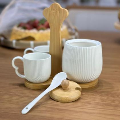 Kit Jogo 02 Xícaras 90ml 01 Açucareiro 350ml 1 Suporte Cerâmica e