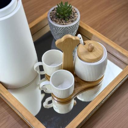 Kit Jogo 02 Xícaras 90ml 01 Açucareiro 350ml 1 Suporte Cerâmica e