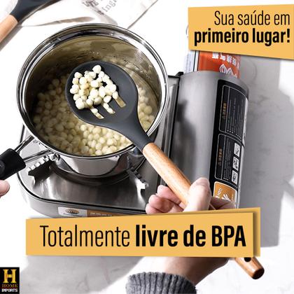 Imagem de Kit Jogo 12 Peças Utensílios De Silicone Para Cozinha Com Cabo De Madeira + Balde - Linha Kitchen