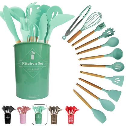 Imagem de Kit Jogo 12 Peças Utensílios De Silicone Para Cozinha Com Cabo De Madeira + Balde - Linha Kitchen