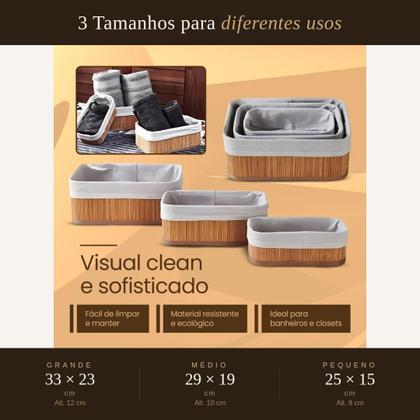 Imagem de Kit Jogo 3 Cestos Organizadores De Bambu Multiuso Com Forro Removível e Lavável