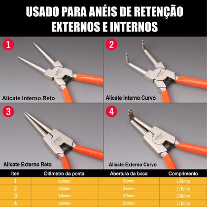 Imagem de Kit Jogo 4 Alicate Para Anel Extrator De Anel Interno e Externo Bico Curvo e Reto Profissional