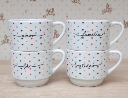 Imagem de Kit Jogo 4 Xicaras Café Chá hotel 200ml Empilháveis - Poá Colorido Frases