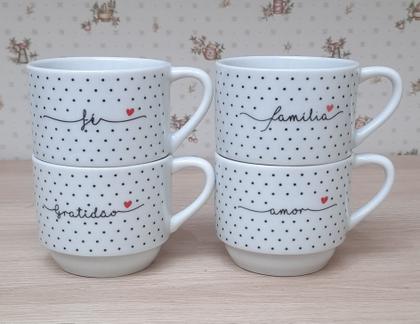 Imagem de Kit Jogo 4 Xicaras Café Chá hotel 200ml Empilháveis - Poá Preto Frases